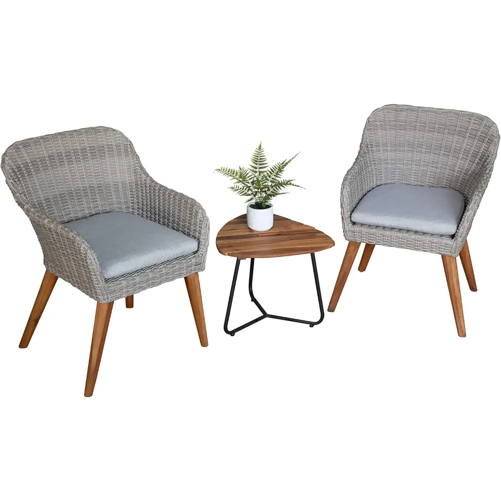 

3-Piece Bistro Set with Seat Cushion, Two Chairs and Wood Top Side Table, Gray Wicker with Wood Leg