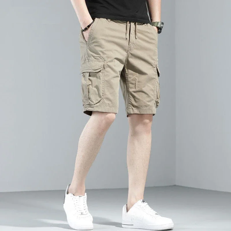 thumbnail image 1 of Pantalones cortos para hombre, pantalones cortos de trabajo color caqui para hombre, pantalones cortos cargo ajustados de algodón con botones para hombre, pantalones grandes y altos, elásticos, cómodo, 1 of 4