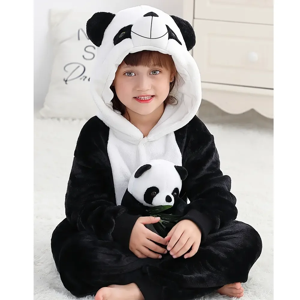 3D Panda Kigurumi Kids Onesies Cozy Cosplay Constume For Halloween Playsuit Birthday Gift Flannel One-Piece Pyjamas Sleepwear