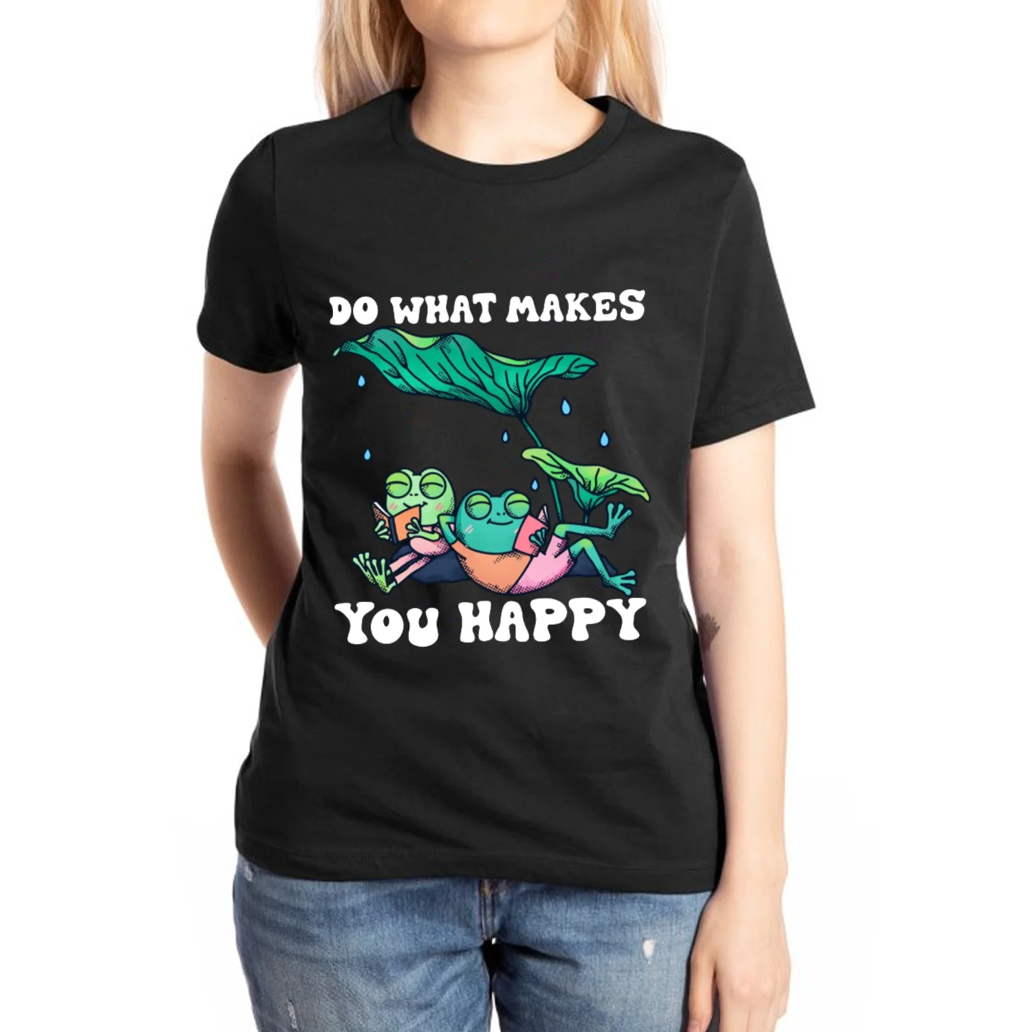 Frog Ruffle Print Women's T-Shirt Black Loose 100% Cotton Short Sleeve Sweet Casual Top Unisex Basic Women Clothing