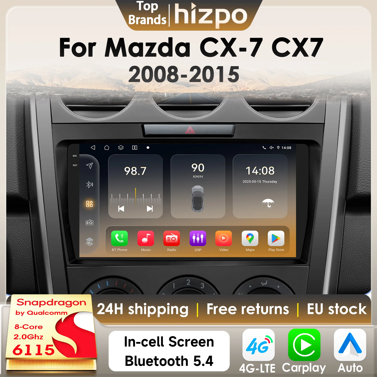 Hizpo 8Core 2Din Android 14 Autoradio für Mazda Cx-7 CX7 2008–2015 AI Auto Multimedia GPS 4G Carplay von Qualcomm Snapdragon 611