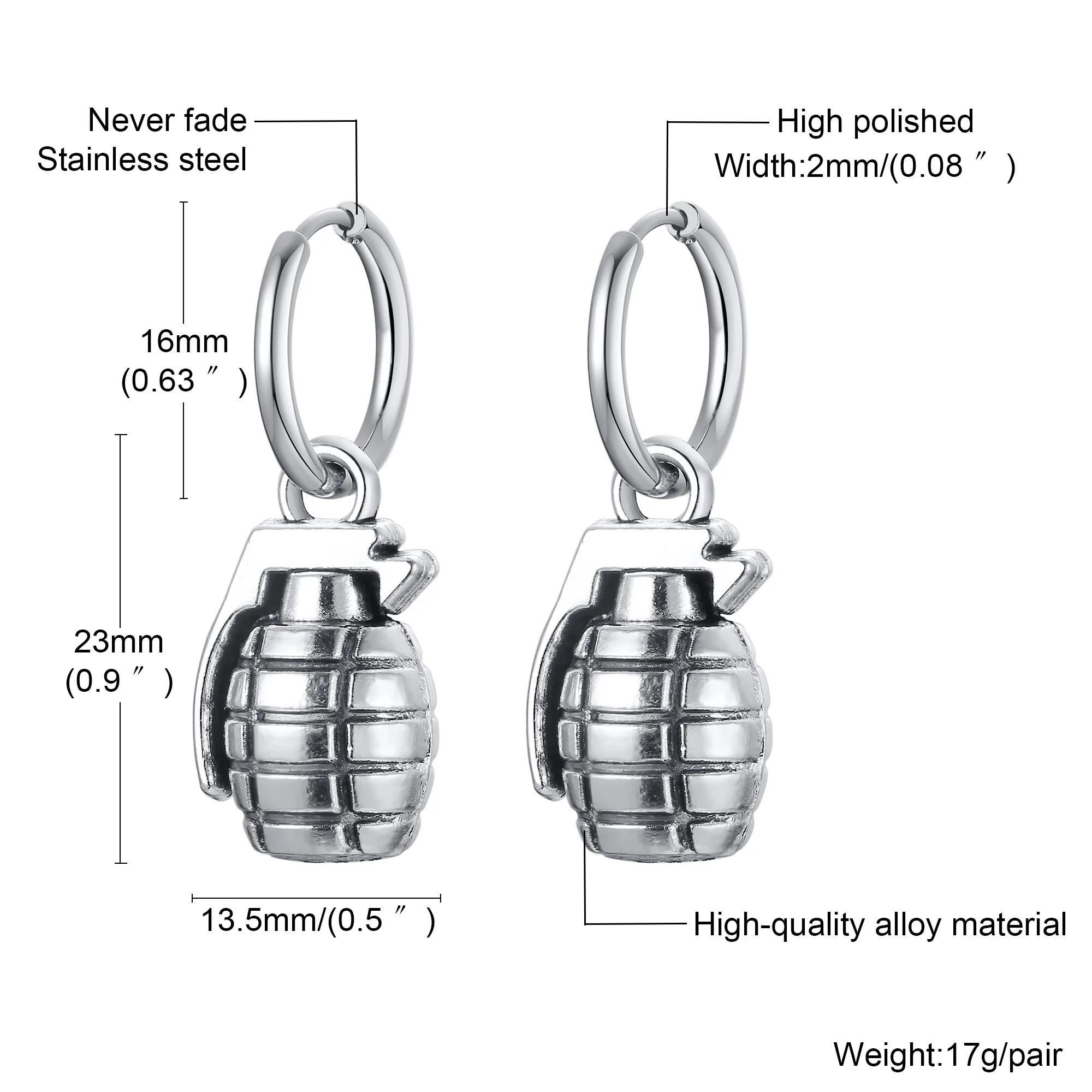 LUSTIGE OHRRINGE IN GRENADE-FORM FÜR MÄNNER, SCHMUCK, Edelstahl-Creolen-OHRRING, Geschenk für IHREN – Detail 1