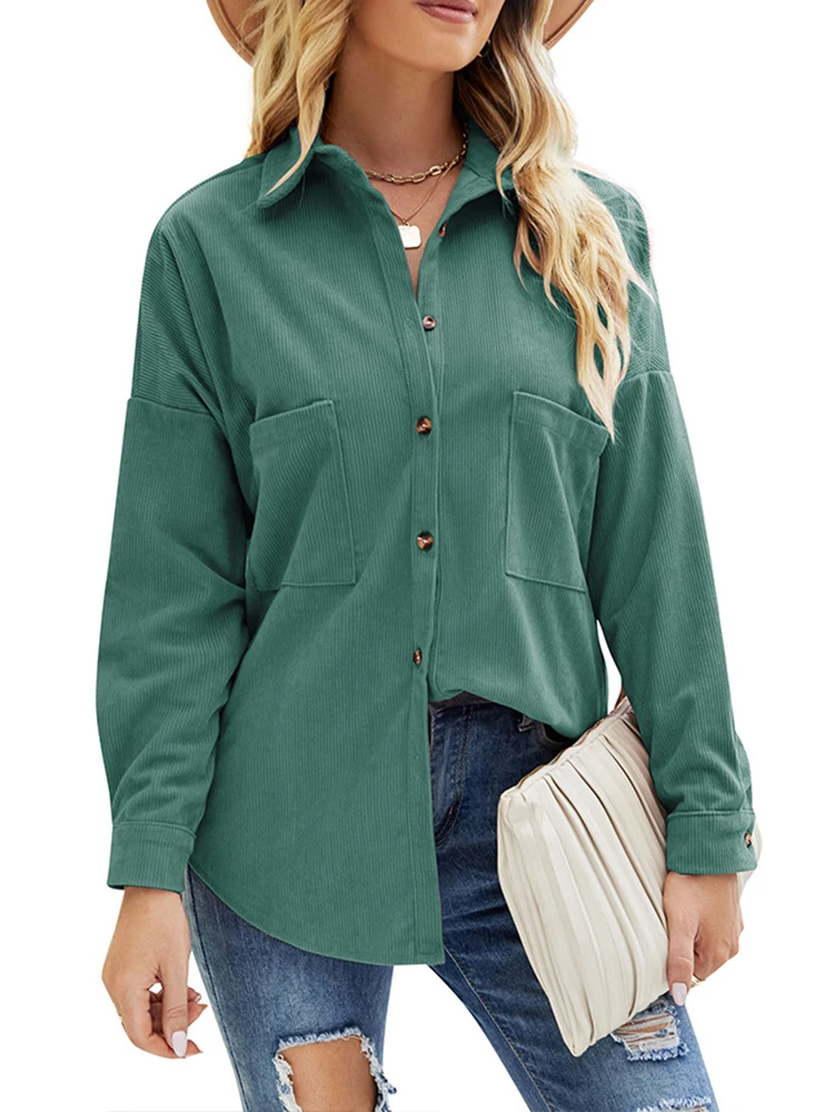 Corduroy Women Blouses Solid Color Shirt Long Sleeve Turn Down Collar ...