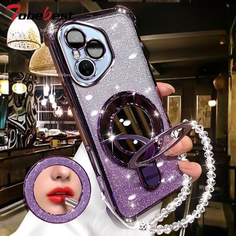 Glitter Plating Mirror Phone Case with Magnetic Holder and Bracelet Cover