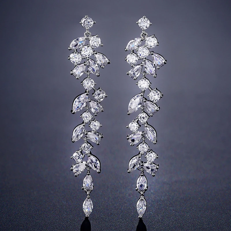 Ear Clip Earrings Clip Earrings Ear Clip Ear Accessories Luxury Zirconia Crystal Long Leaf Drop Dangle Clip on Earrings Women Bridal Wedding Party Without Piercing