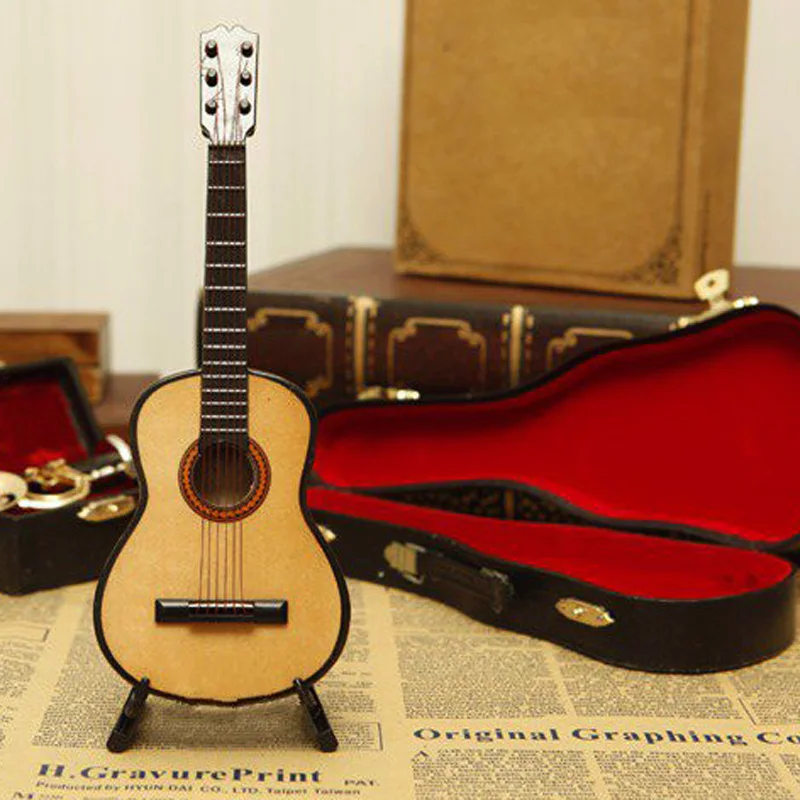 Mini Classic Guitar Wooden Birthday Gift Musical Instruments Model With Support Case