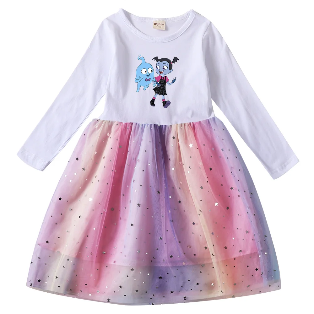 Disney Vampirina Girls Toddler Prom Mesh Dresses Bambini Party Clothes Manica Lunga Princess Costume Kids Fall Dresses