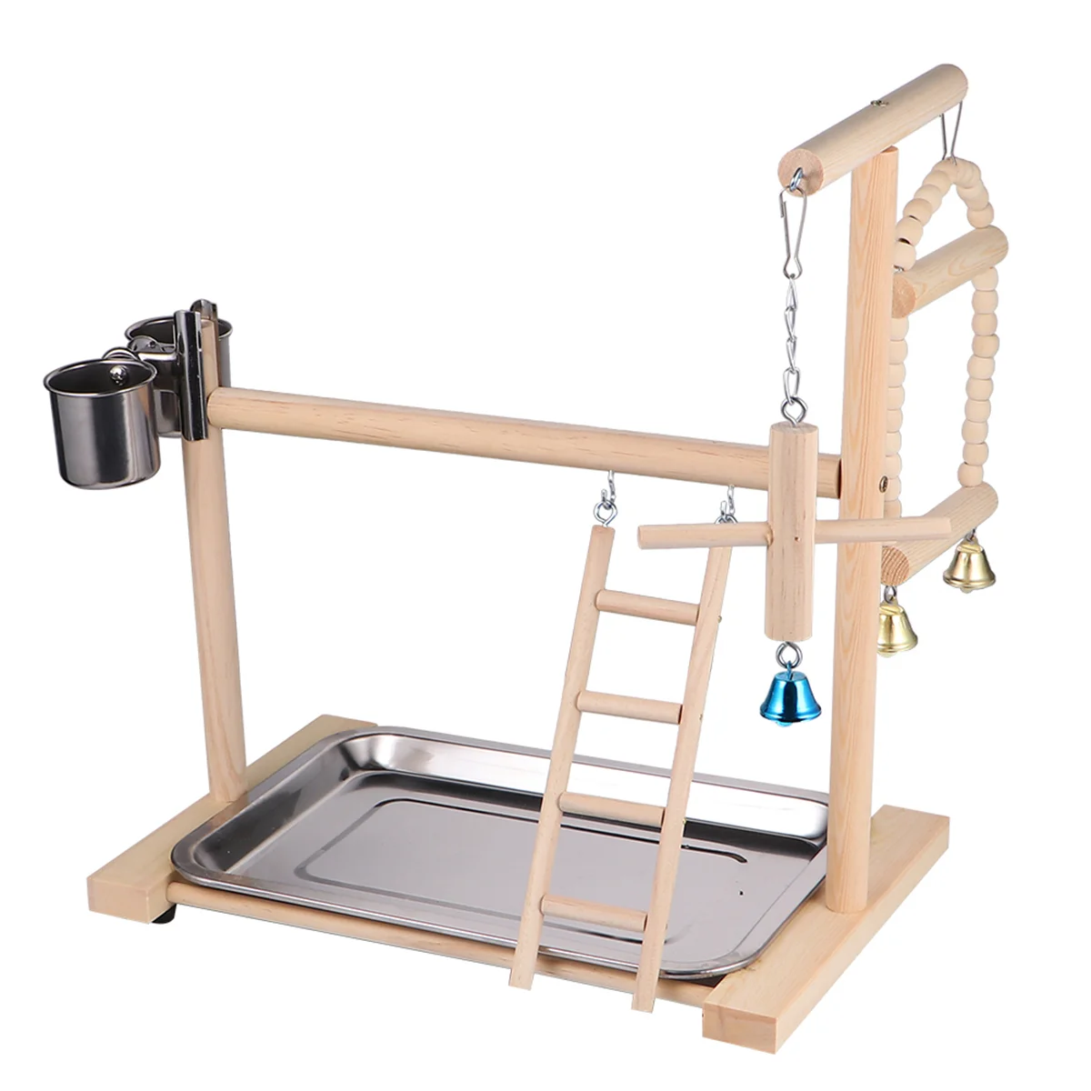 

Parrot Playstands with Cup Toys Tray Bird Swing Climbing Hanging Ladder Bridge Wood Cockatiel Playground Bird Perches 40x23x36Cm