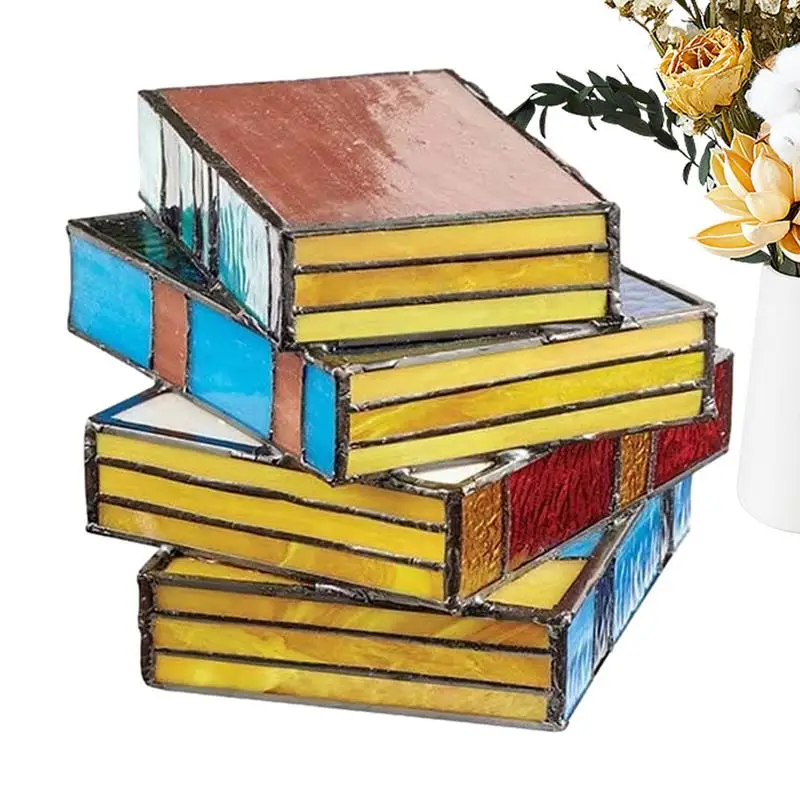 

Faux Book Stack Decor Fake Stained Glass Books Resin Fading Resistant Vintage Elegant Stacked Books Decor For Coffee Tables