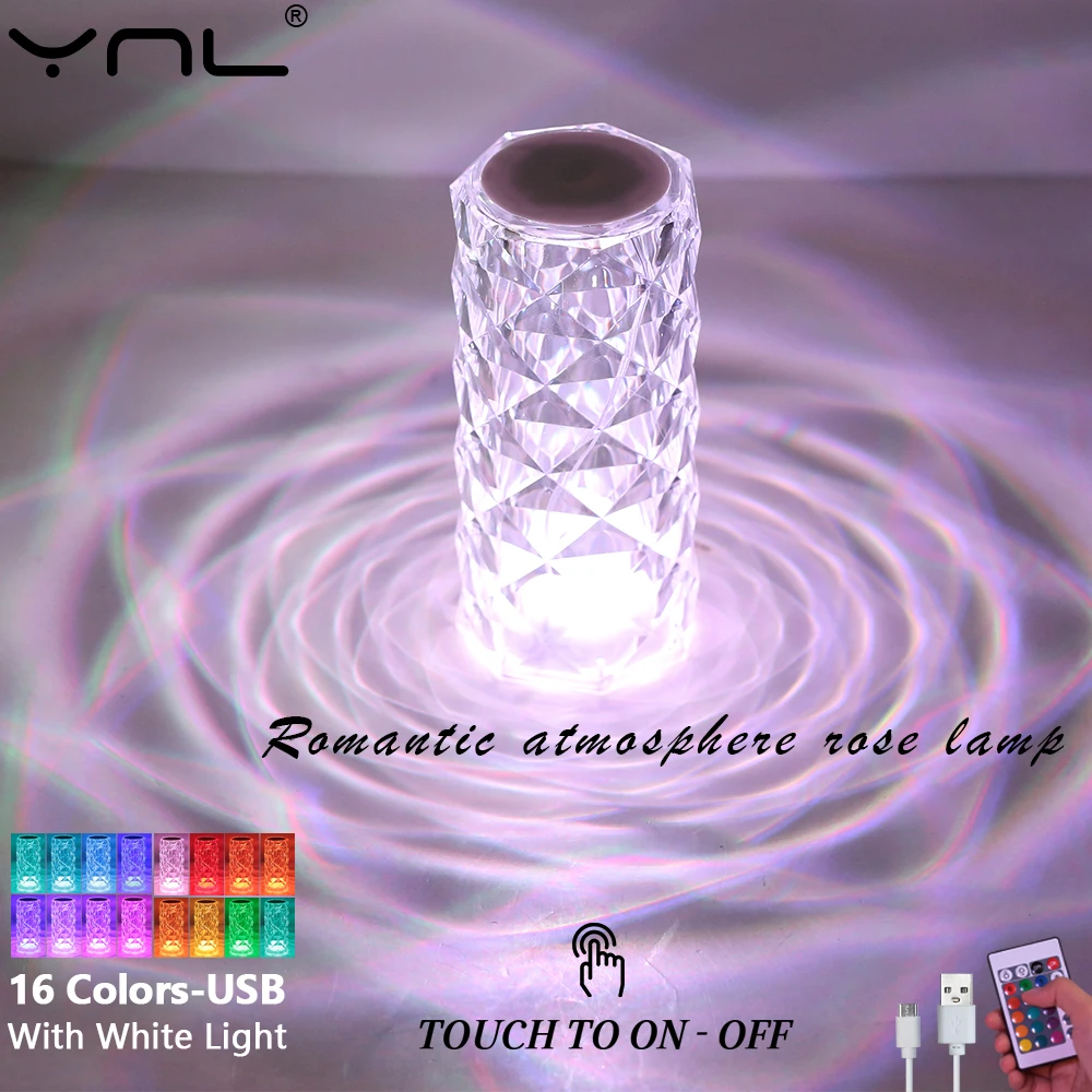 

Touch Remote Diamond Rose LED Crystal Lamps Atmosphere Christmas 16 Colors USB Projector Rechargeable Table Decorate Night Light