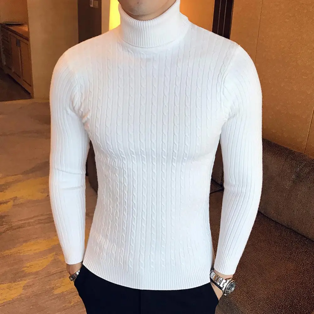 

New Solid Color Long Sleeve Knitted Sweater All-matched Turtleneck Twist Men Sweater Pullover for Autumn Winter 2021 Plus Size