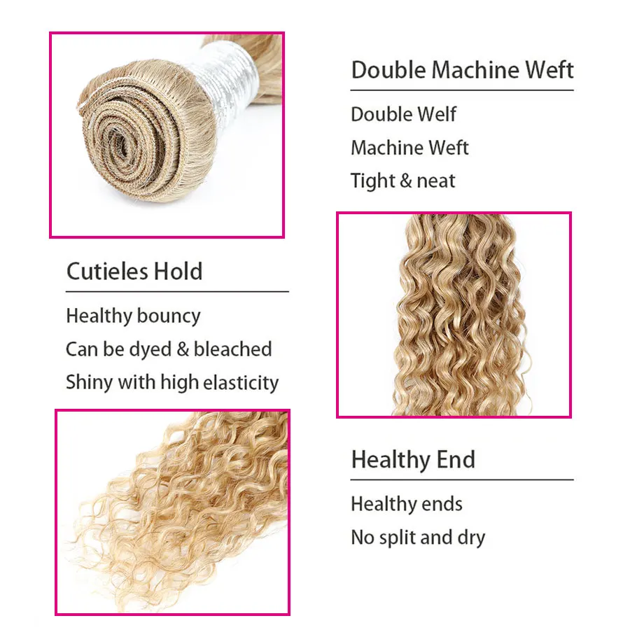 Linhua Water Wave P27/613 Human Hair Bundles 8 to 30 Inch Curly Human Hair HIghlight Blonde Machine Made Double Weave Weft 3