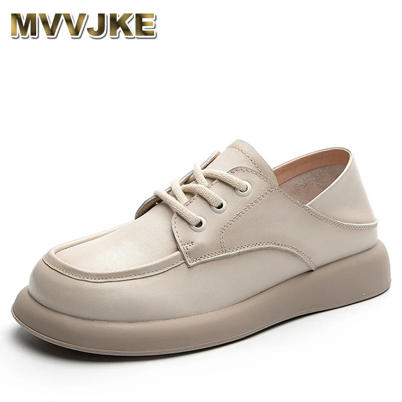 

Women's Cowhide Lightweight Soft Sole Casual Shoes Thick Soles Comfort Breathable Lace-up Flat White Shoes Platform Sneakers