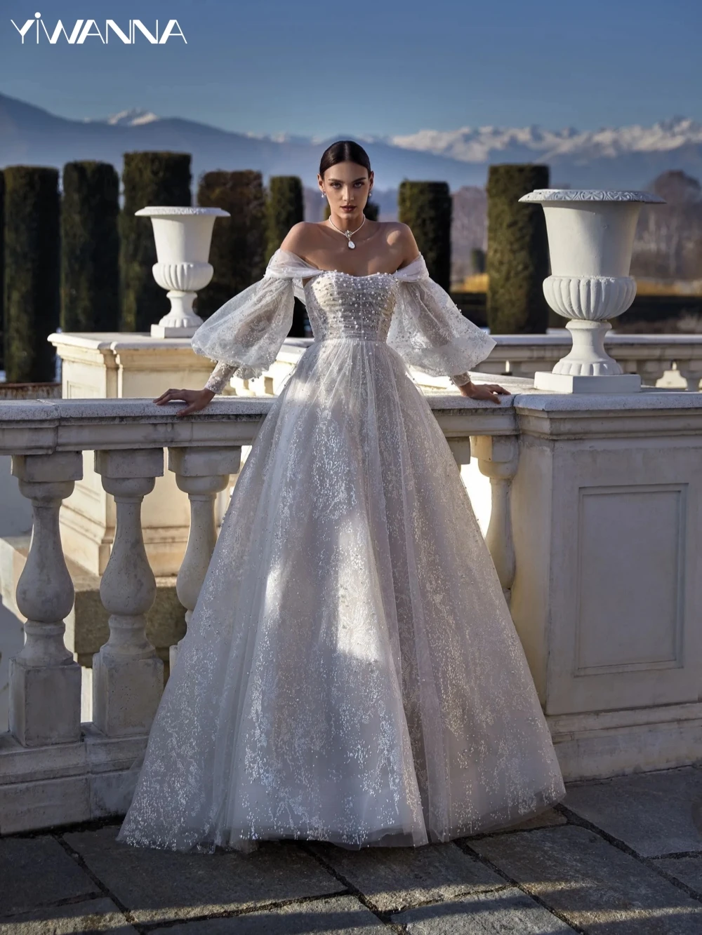 Sparkly A-Line Off Shoulder Maxi Long Sequin Wedding Dresses Online main image 1