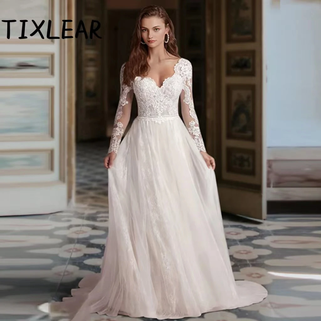 

TIXLEAR Full Sleeve Wedding Dress Appliques Lace A-LINE V-Neck Tulle Button فساتين مناسبة رسمية vestido de noiva robe de mariée