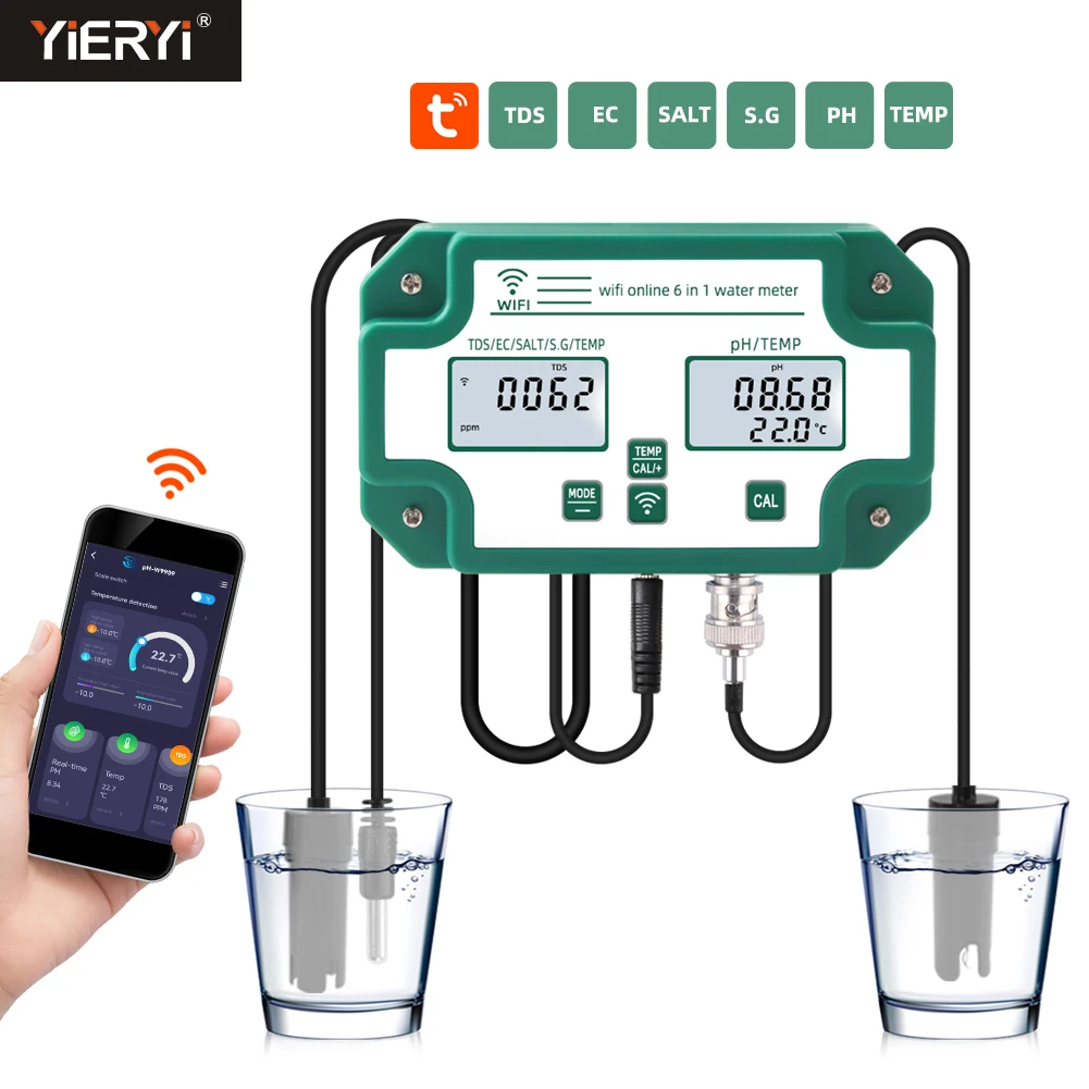 6 in 1 Digital WiFi PH EC TDS Temp Meter Water Quality Tester Tuya