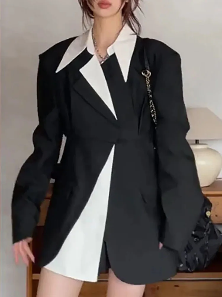 

LJHLJX Fashion Women's Blazer Notched Collar Irregular Single Breasted Spliced Contrast Color Suit Jackets Autumn New AH193