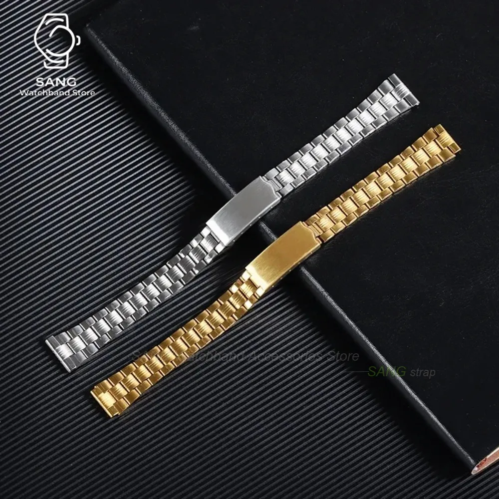 Elegant Multi-Size Beaded Silver-Gold Stainless Steel Watch Band with Folding Buckle