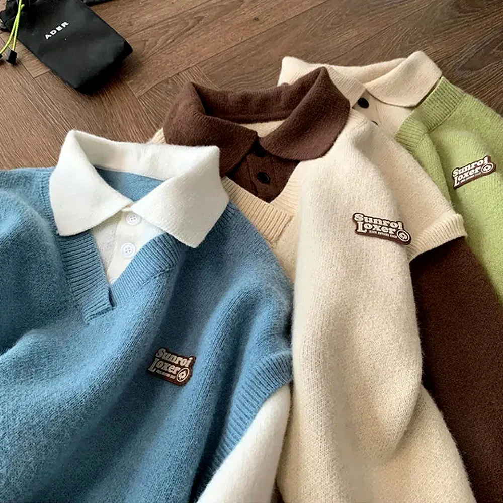 2024 Korean Style Men's Polo Shirts Knit Sweater Y2K Vintage Harajuku Women Loose Knitwear Hoodie Sweatshirts Winter Clothes Men