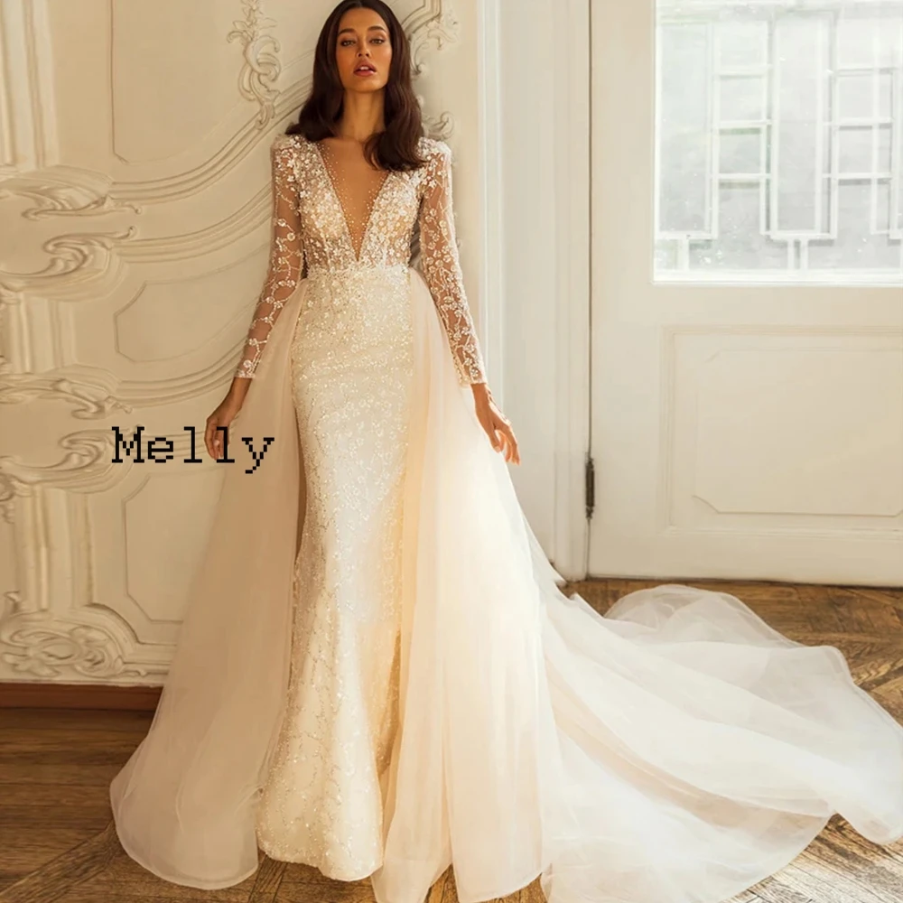 

Exquisite Mermaid Wedding Dresses for Women Champagne Full Skeeve Bridal Gowns with Lace Applique 2024 Summer Vestido De Novia