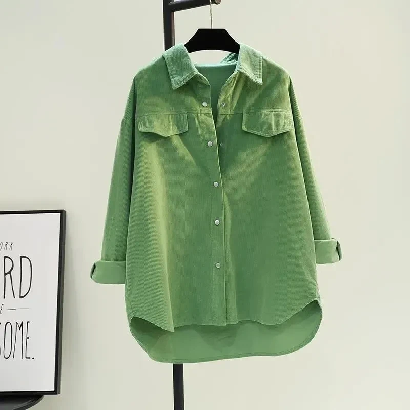 

Women Medium Length Corduroy Shirt Top 2023 Spring New Women Jacket Coat Thicken Double Pocket Shirt Jacket Cardigan Windbreaker