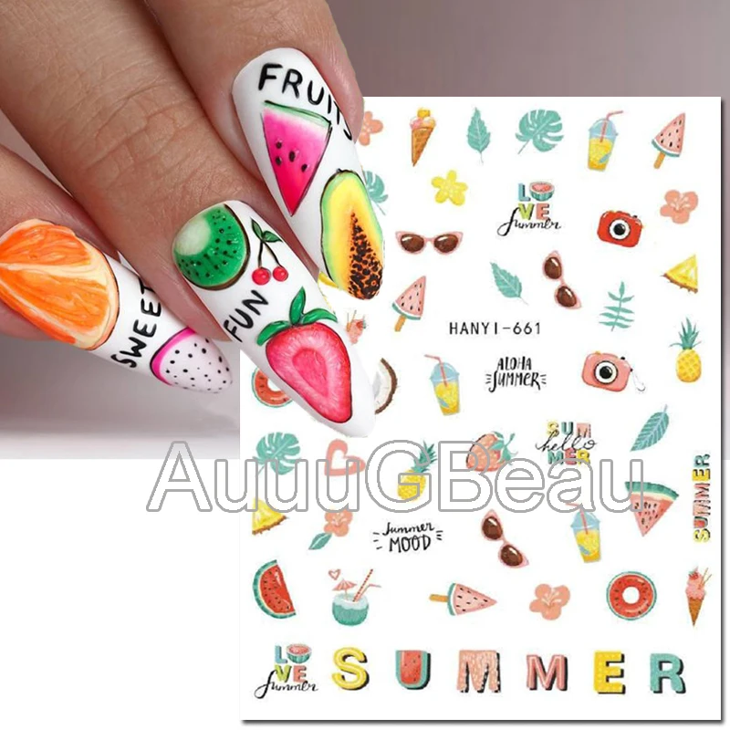 Nail Art 3d Back Glue Sticker Tropic Leaves Sunglass Summer Fruits Decals Nail Decoration Salon Beauty tremble heart style nail sticker ultra thin colorful heart cute image back glue 3d nail art decoration for manicure