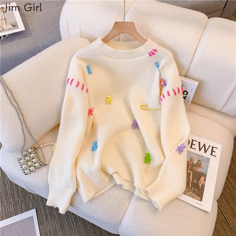 

Korean 3D Cartoon Kawaii Sweater Vintage Sweet Fashion Loose Knitted Pullover Autumn Winter Long Sleeve O-neck Female Jumper