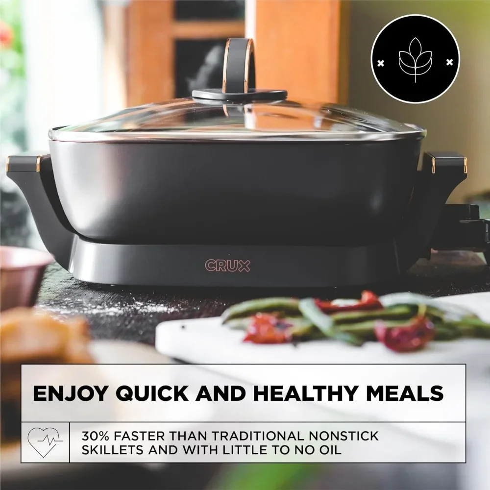 Electric Skillet with Glass Lid,Nonstick Scratch Resistant Ceramic Pan,Extra Deep with Removable Temperature Probe,12"x12",1400W 5