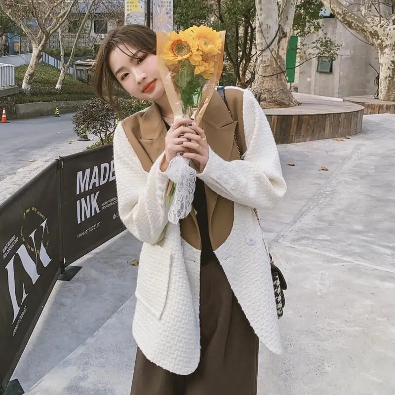 Spring Patchwork Spliced Hit Color Women Blazer Design Tweed Korea Fashion Coat High Streetwear Double Breasted Work Jackets
