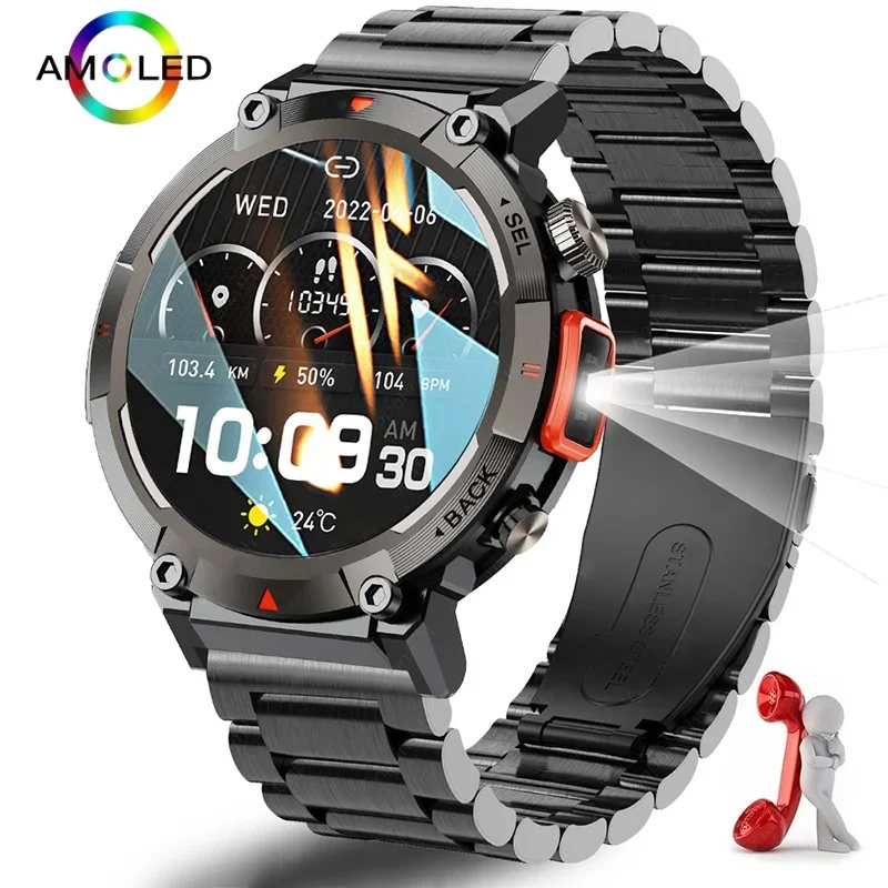 

New Outdoor Smart Watch For Men With Flashlight 100+ Sports Fitness Watch Bluetooth Call Health Monitoring Waterproof Smartwatch