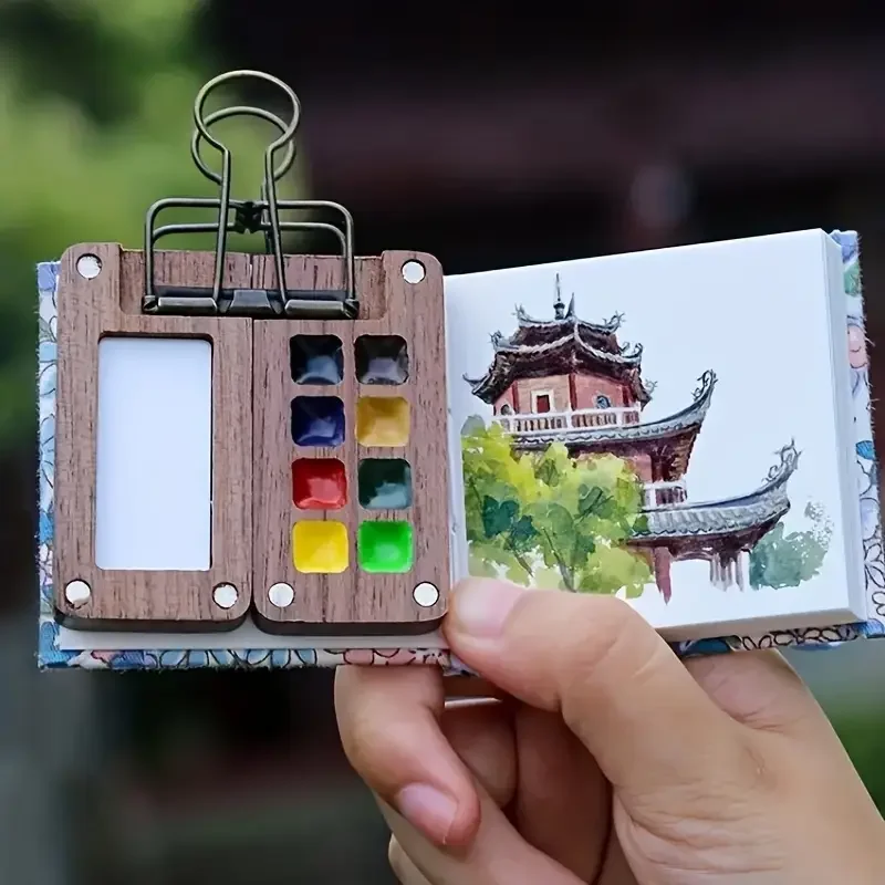 15/8 Compartments Paint Tray, 1 Paint Brush, and a Watercolor Sketchbook, 12 Colors Pigment, 1 Clamp - Perfect for On-the-Go Art - 6