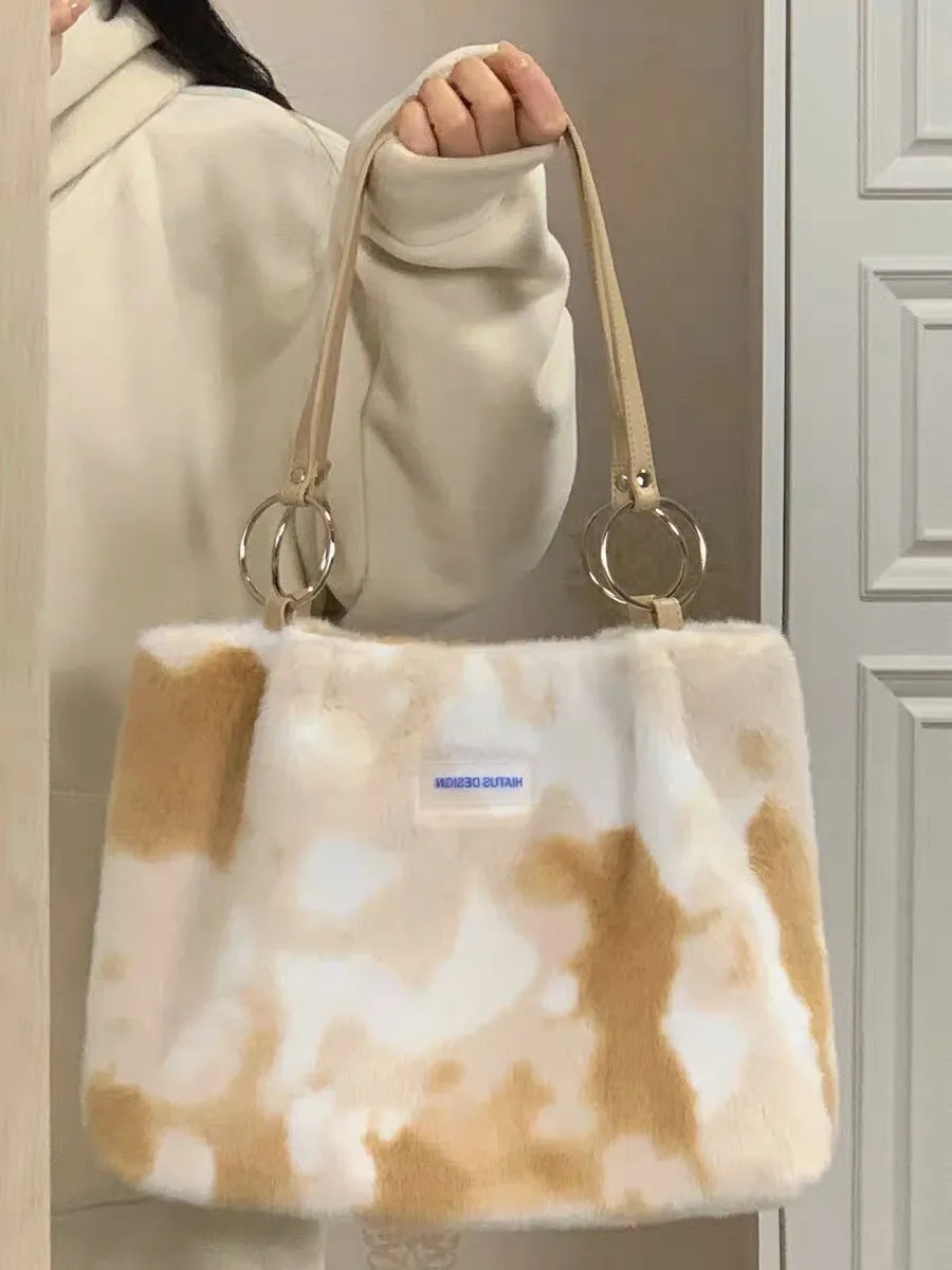 NEW Plush Shoulder Bag Autumn Winter Large Capacity Tote Handbag Student Bookbag Daily Commute Leisure Soft Shopper Storage Bag