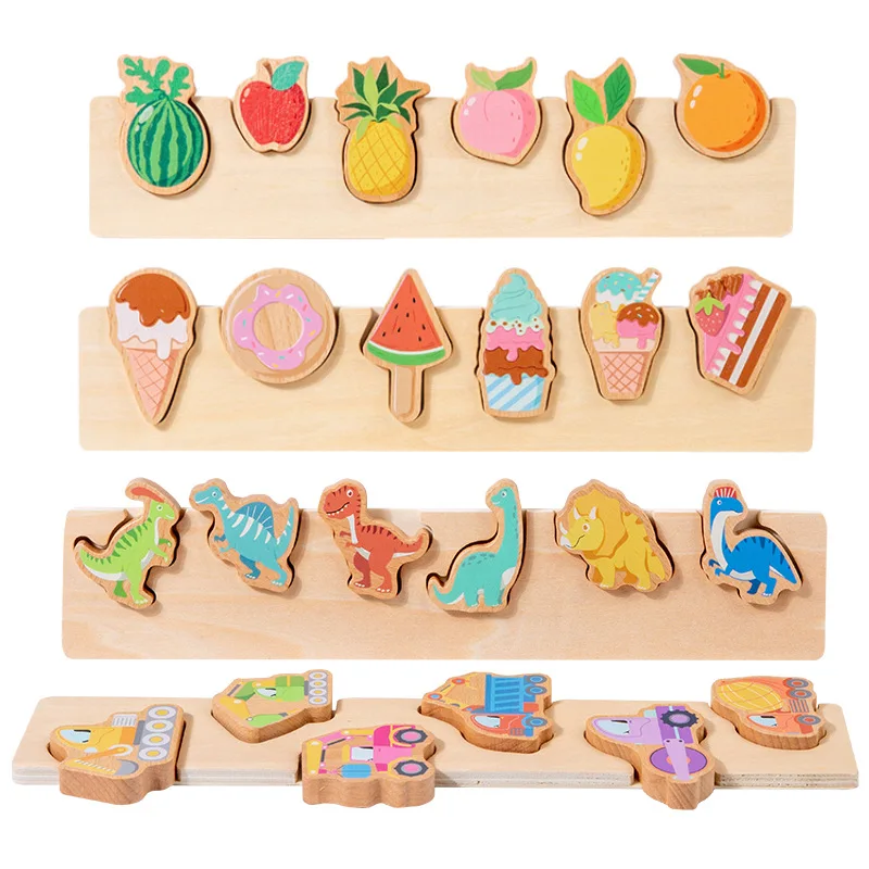 

Infant Early Training Puzzle Cognitive Wooden Jigsaw Fruit Dessert Dinosaur Car Pair Puzzle Kids Learning Matching Game Toy