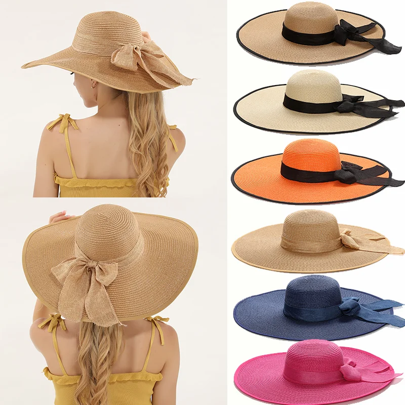 

15CM Wide Brim Beach Straw Hats For Women Simple Foldable Summer Outing Sun Hat Fashion Flat Brom Bowknot Uv Protection Panama