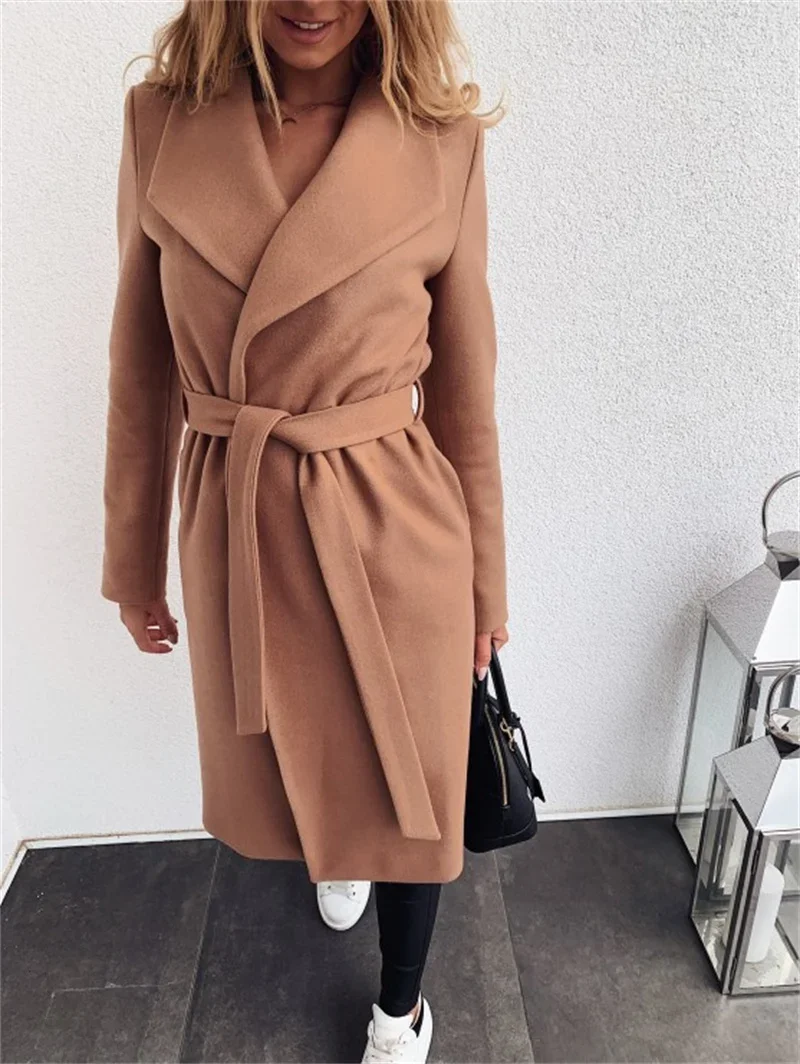Elegant Solid Color Cardigan Trench Peacoat Women Simple Style Lace-up Outerwear Female Autumn Winter Thickened Long Tweed Coat