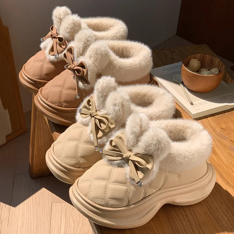 Faux Rabbit Fur Bowknot Snow Boots Women Lightweight Chunky Platform Fluffy Ankle Boots Woman Non Slip Warm Cotton Padded Shoes