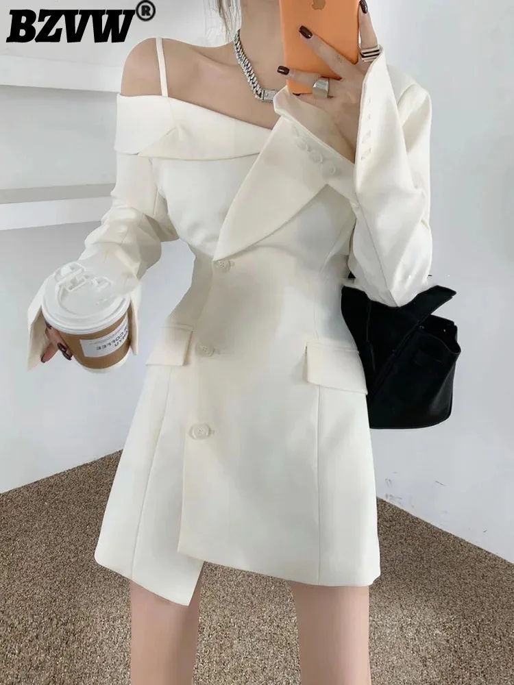 BZVW Asymmetric Off Shoulder Niche Design Sense Long Sleeved Blazers Dresses Women's 2023 Autumn New Trend A-line Female 25X2838