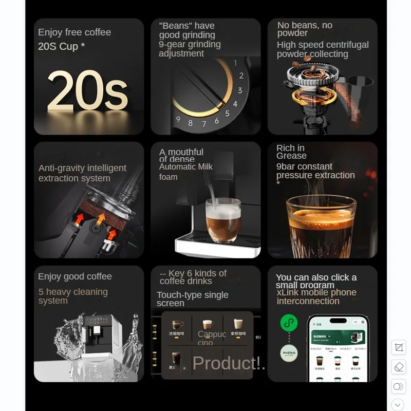 Automatic Coffee Machine Commercial Pre-set Drinks Grind Adjustment 3-speed extraction Self-cleaning Home Steam Coffee Maker 4