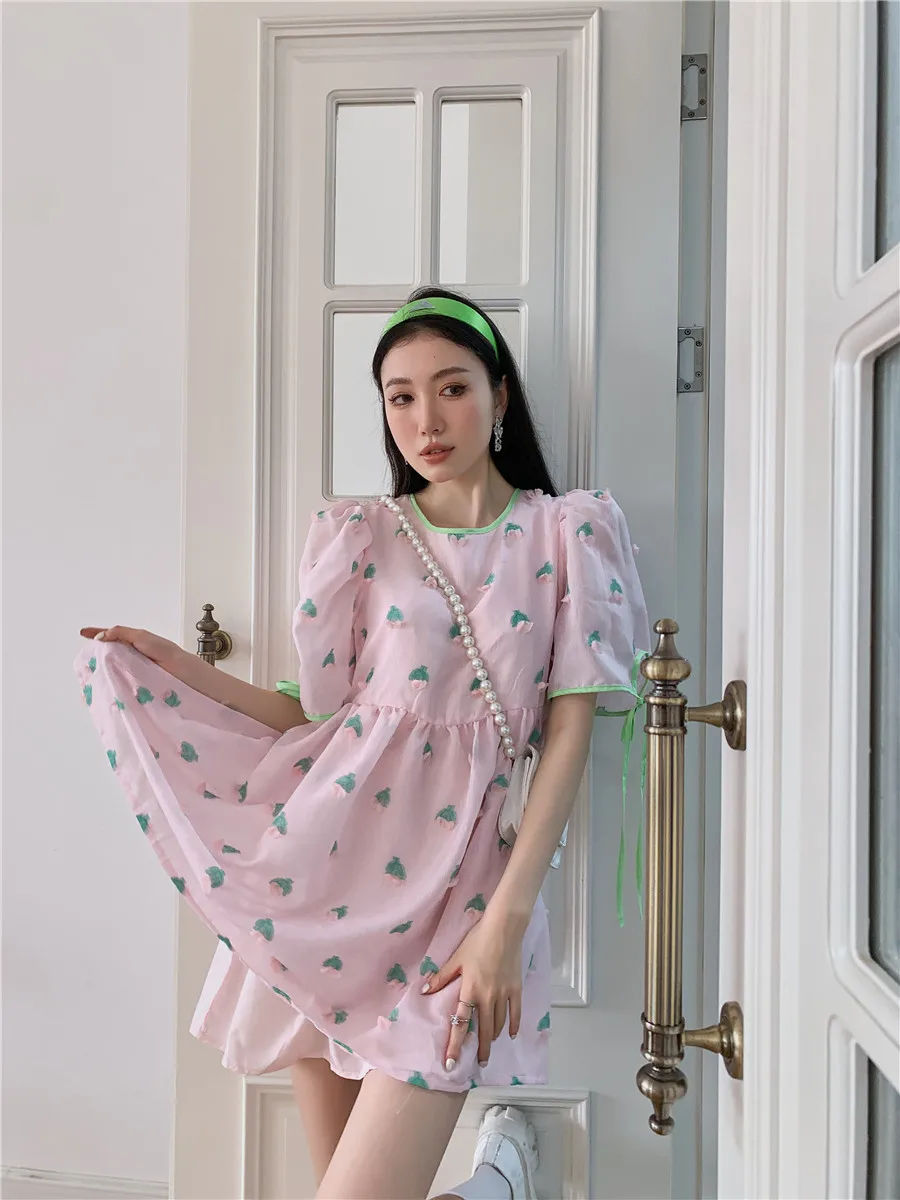 

DALMAZZO New Summer Designer Print Chiffon Mid-Length Dress Women O Neck Puff Short Sleeve Loose Casual Dresses Female Clothes