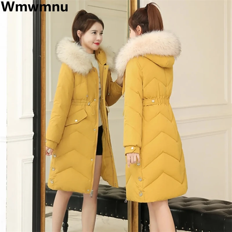 

Warm Hooded Mid-length Down Cotton Parkas Thicken Oversized Jackets Winter Korean Padded Jaqueta Fur Collar Puffer Overcoat