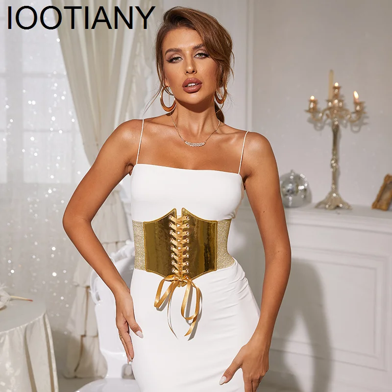 

New Goth Gothic Clothing Underbust Corset Women Belts Elastic Wide Bright Leather Golden Corsets for Waist Trainer Corset Belt