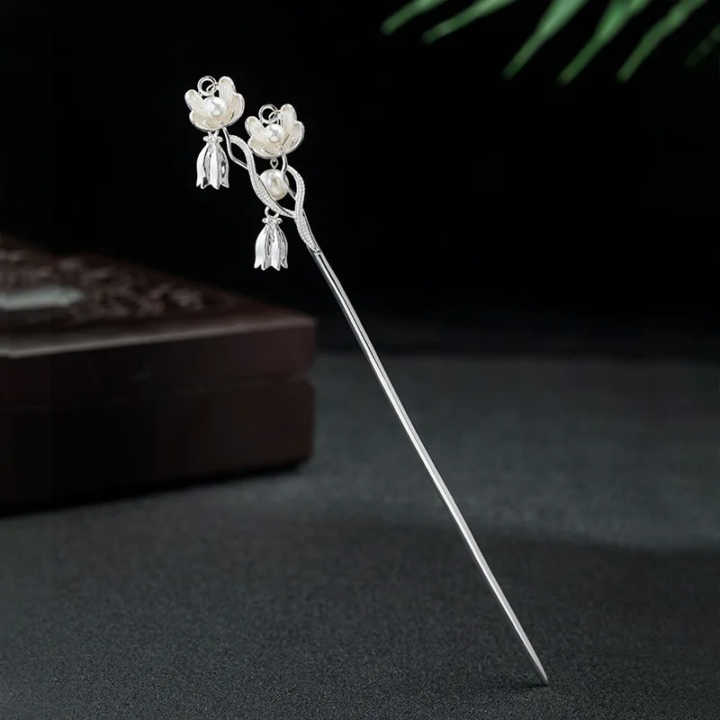 

Chinese Style 925 Sterling Silver Lily of the valley Hair Stick Retro Simple Freshwater Pearl Flower Hairpin Jewelry for Women