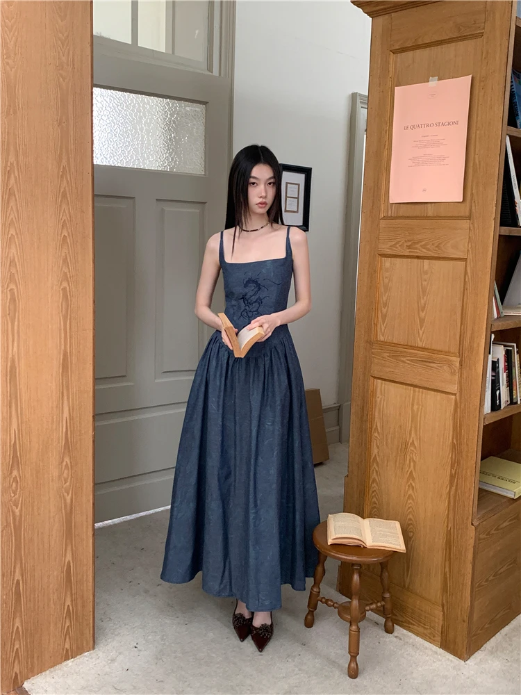 CHEERART Dragon Blue Long Denim Dresses Women 2024 Summer