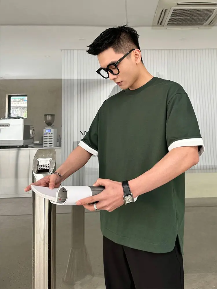 

Korean men fashion y2k new high-end cuffs folding contrast color non-reversible design loose round neck short-sleeved T-shirt