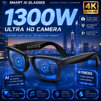 LIGE Nuovi Occhiali Smart AI con Fotocamera da 1300W Pixel, Video 4K, Traduzione AI, Lettore Musicale, Chiamate BT, Impermeabili, Occhiali da Sole con Lenti a Colore Variabile da Uomo