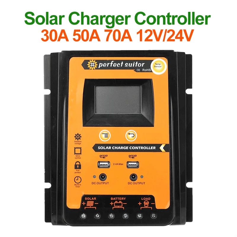 Solar Battery Charge Controller PWM MPPT Adaptive Solar Charge Controller 12V 24V 30A 50A 70A Solar Panel PV Cell Controller Battery Regulator USB DC Port LCD