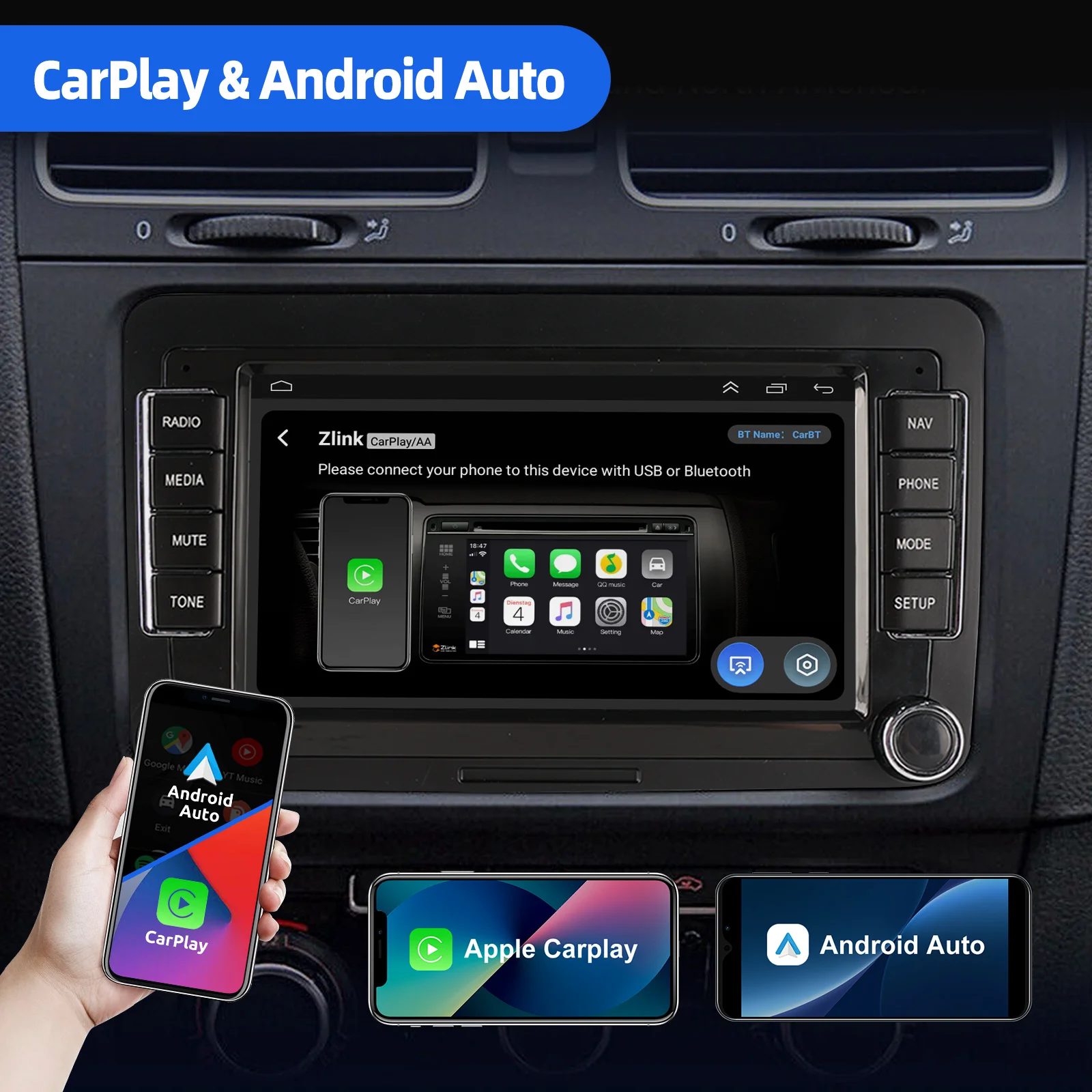 ESSGOO Autoradio Android 14 7" 4+64Go CarPlay Sans Fil GPS Navigation WIFI RDS FM Bluetooth pour VW Golf 5 6 Passat Polo 6R Touran Tiguan Caddy EOS Jetta Seat Skoda Écran Tactile Mirror Link USB IA Voix Android Auto 2