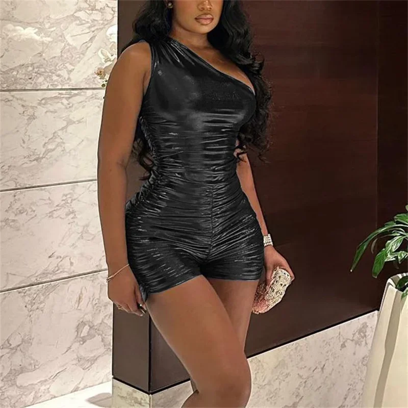 Women Slant Collar One Shoulder Jumpsuit Shorts Fashion Glossy Metal Color Playsuits Female Slim Fit Sleeveless Pleated Rompers
