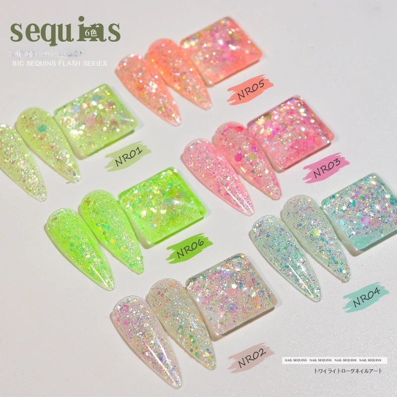 

CHUNSHU 6PCS Nail Glitter Powder Mix Size Nail Sequins Colorful Nails Art Flash Flakes Paillette Manicure Accessories Decoration