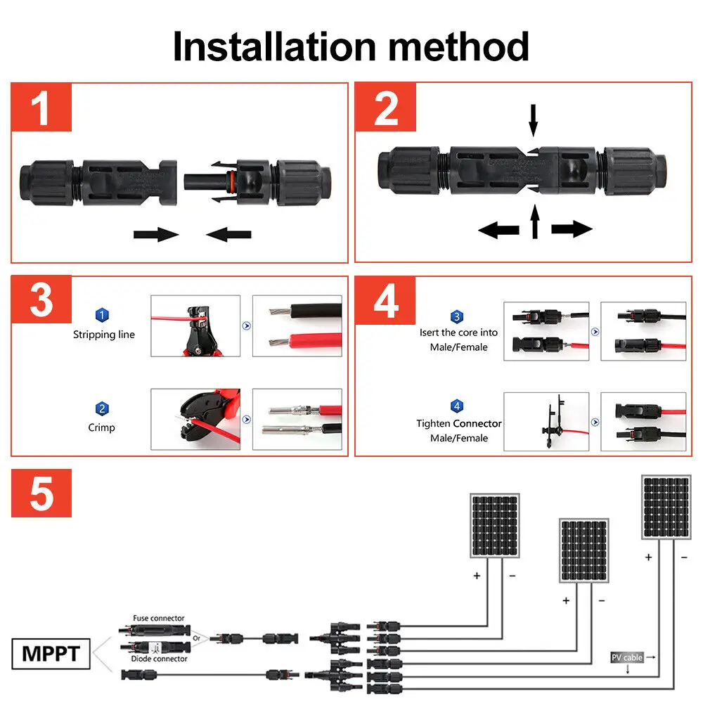 PowMr Black Red 3M 5M 7M 10M 15M 30M Solar Photovoltaic Line 6mm2 10AWG PV Cable with Connectors Solar System PV Extensions Wire 6
